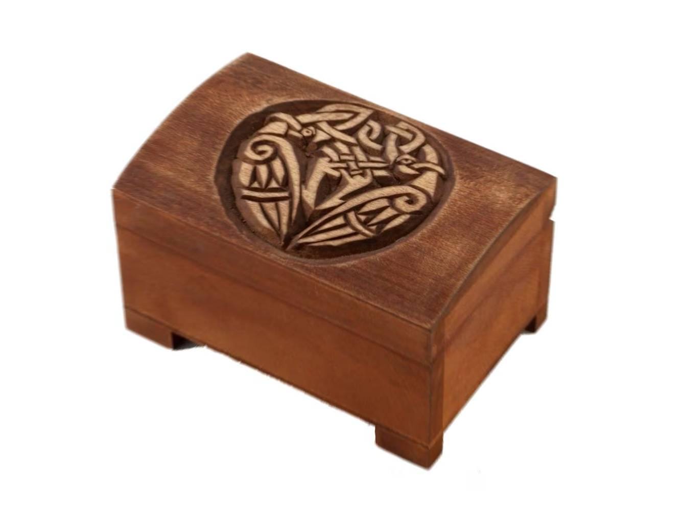 Wooden historical jewelry box with celtic birds pattern