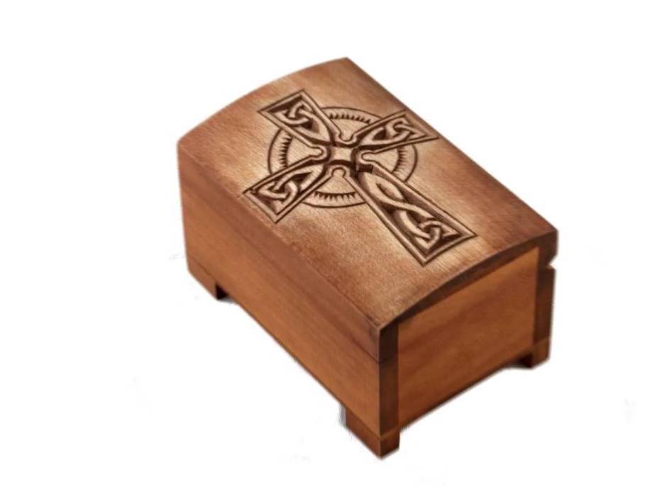 wooden historical jewelry box with celtic cross engraving