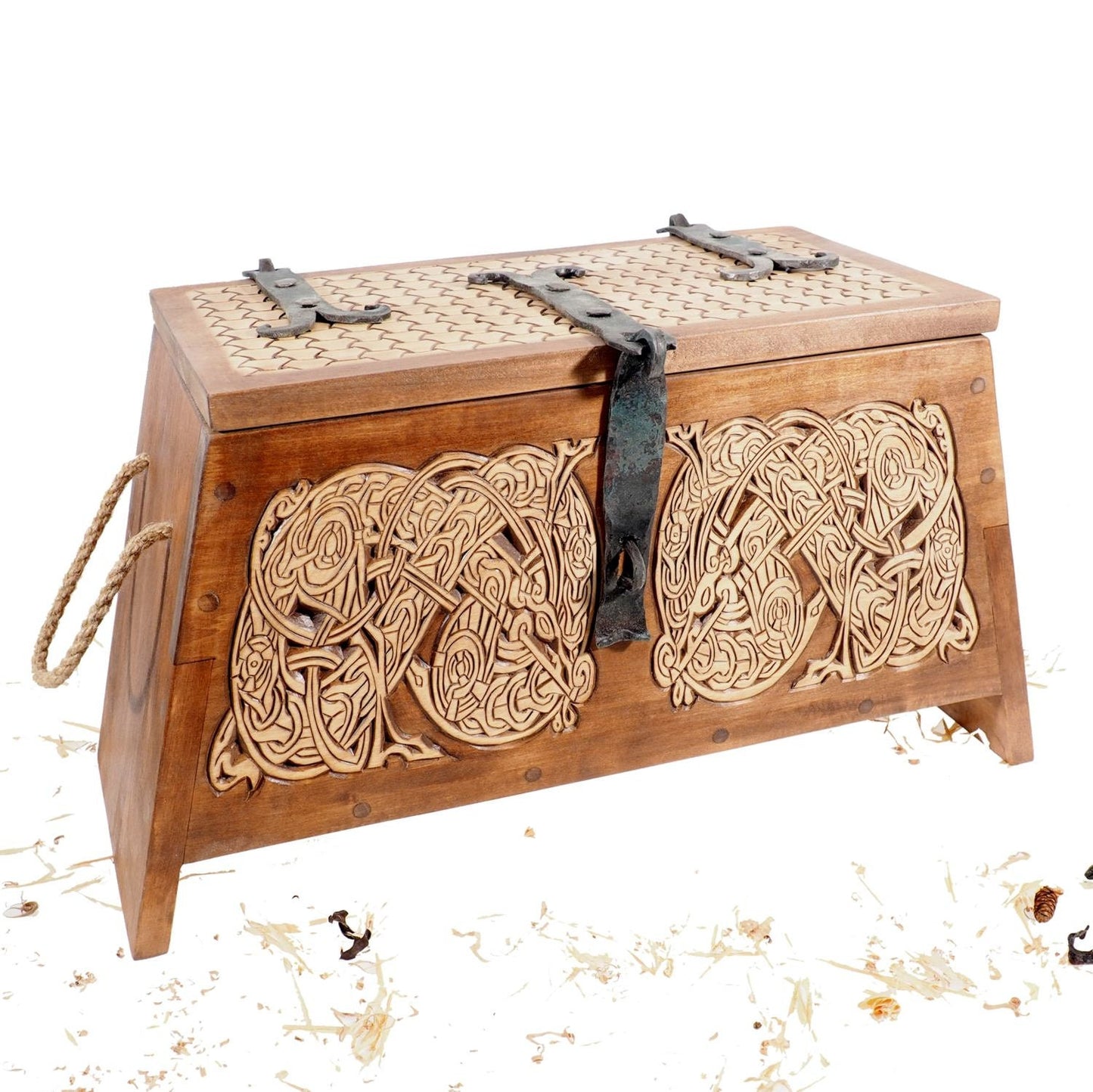 Personalized Viking Chest, hand carved, Norse pattern box, chest with forged fittings, perfect wedding gift, SCA and Larp, treasure chest