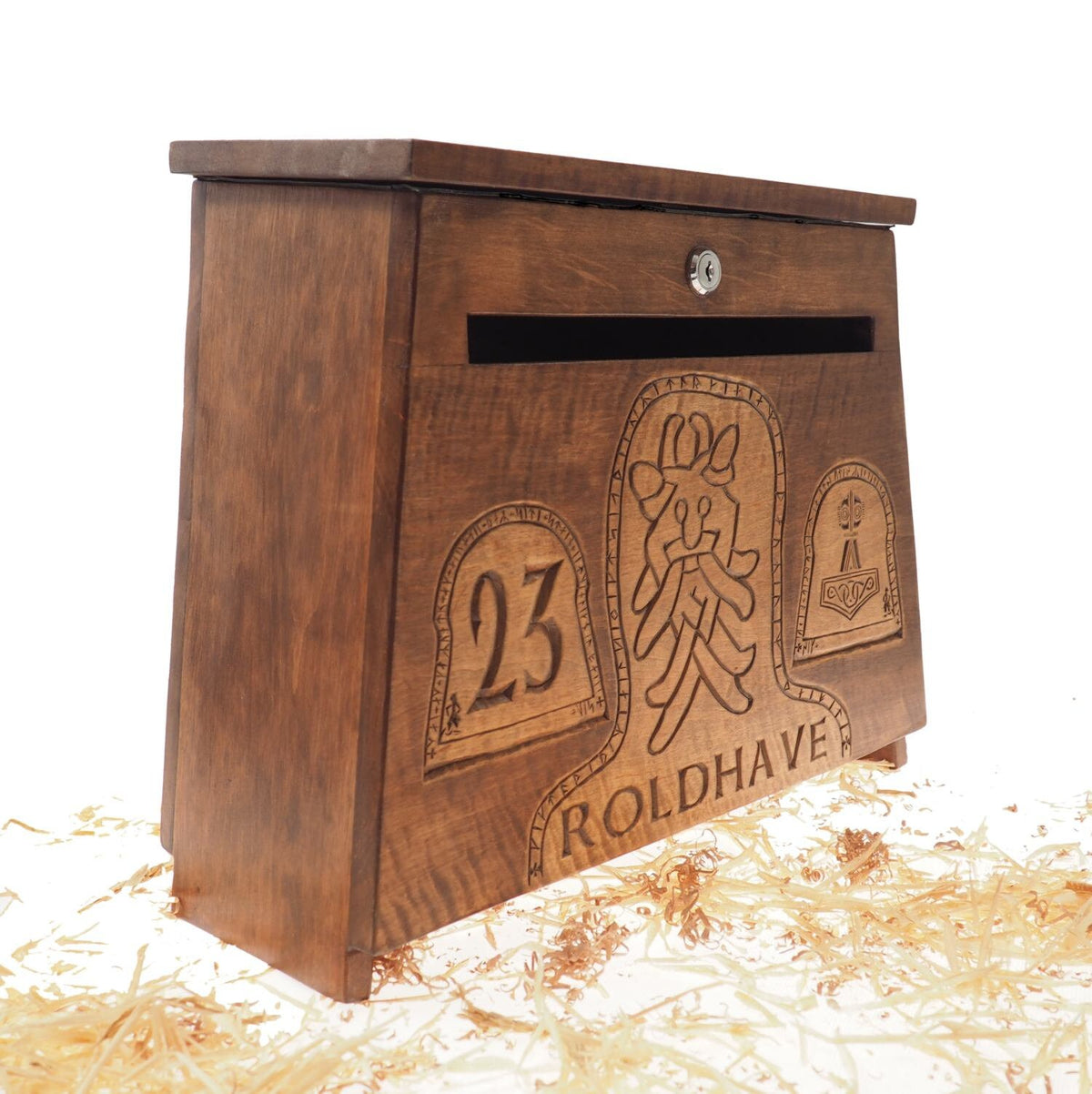 Big Personalised Viking MailBox,  Wooden Wall Mount,  CardBox with Key, Hanging Post Box with a slot, Housewarming Gift, Wedding Gift