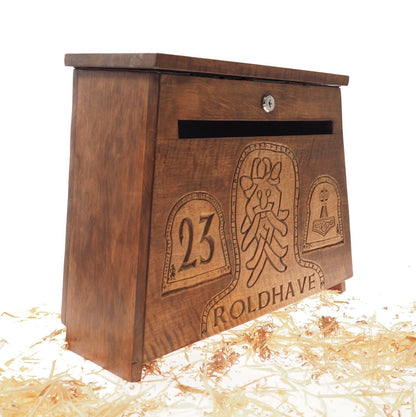 Big Personalised Viking MailBox,  Wooden Wall Mount,  CardBox with Key, Hanging Post Box with a slot, Housewarming Gift, Wedding Gift