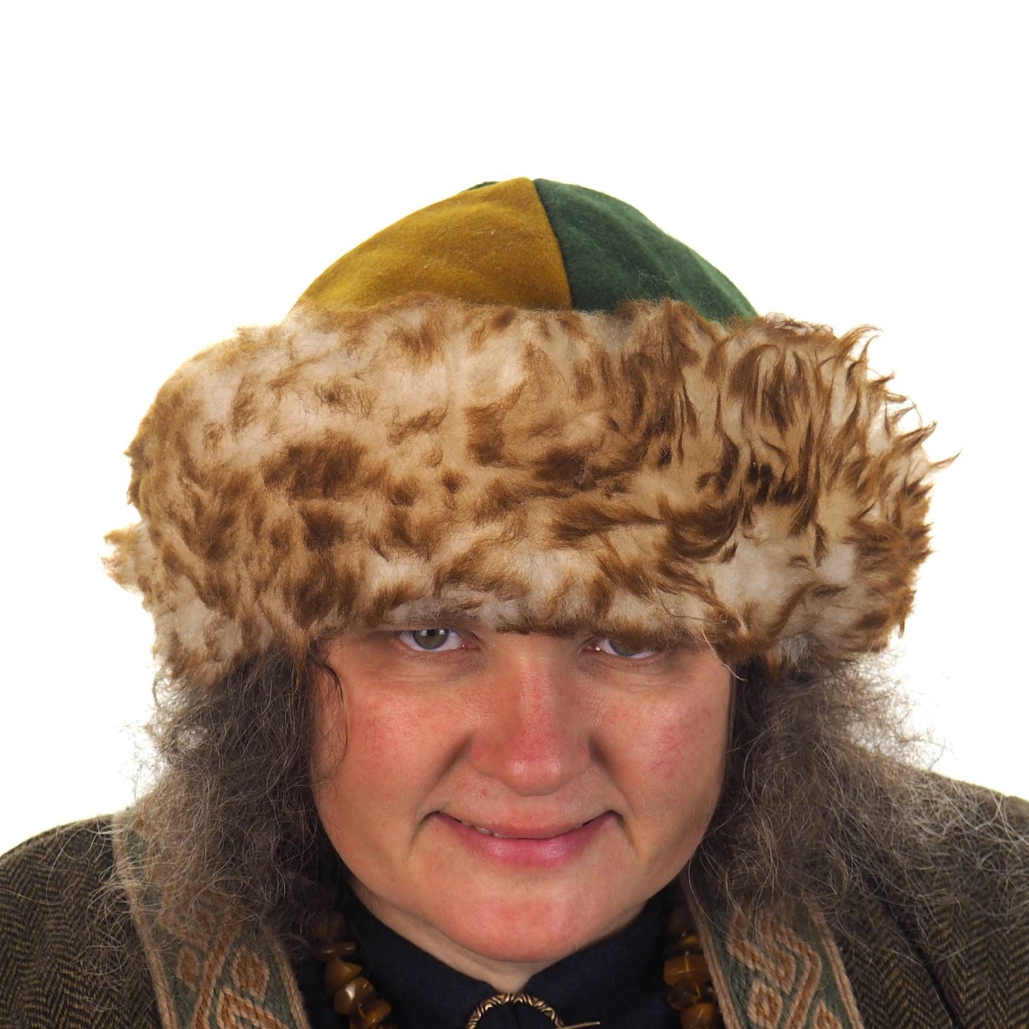 Viking wool hat, green yellow, hand sewn, wool and sheep, larp, medieval, sca, unisex hat, Woolen headdress viking, Slavic Viking clothing