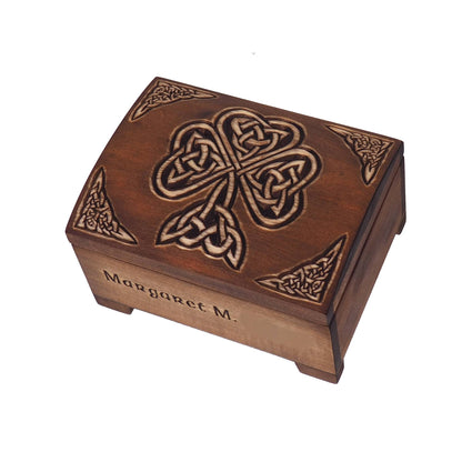 Personalized wooden hand carved jewelry box, Shamrock, keepsake box, jewelry storage, memory box, celtic,  hand carved, gift box, wooden box