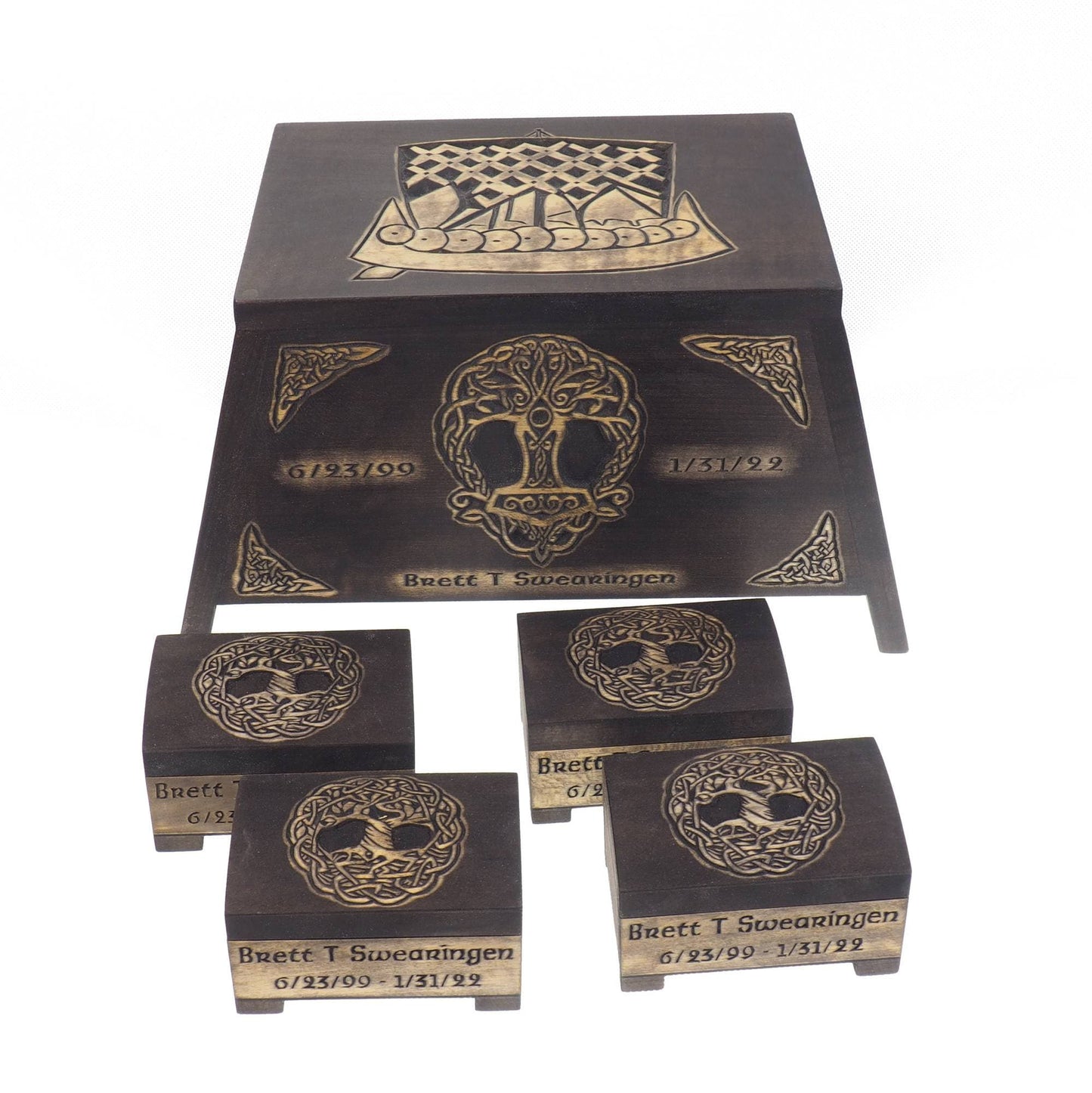 Viking Personalized Wood Urn with Yggdrasil and set of memory boxes, Viking ship, Wooden Memorial Box Carved , Cremation Urns, Viking, pagan