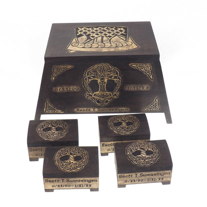 Viking Personalized Wood Urn with Yggdrasil and set of memory boxes, Viking ship, Wooden Memorial Box Carved , Cremation Urns, Viking, pagan