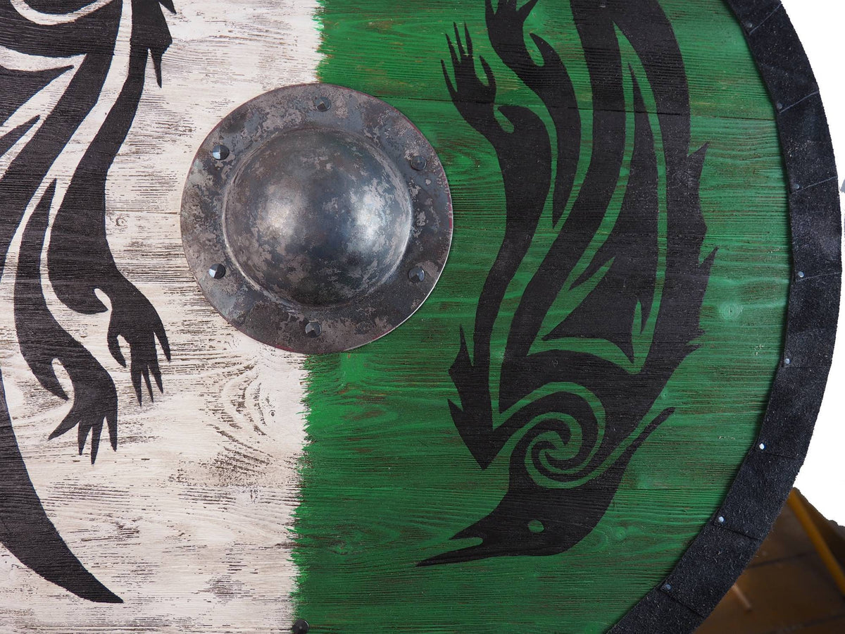 Double Ravens Personalized Viking Shield Green, Norsman shield, Wall decor, Larp and reenactment, SCA ready, black shield, Valhalla pattern