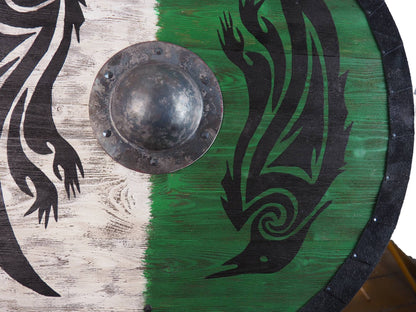 Double Ravens Personalized Viking Shield Green, Norsman shield, Wall decor, Larp and reenactment, SCA ready, black shield, Valhalla pattern