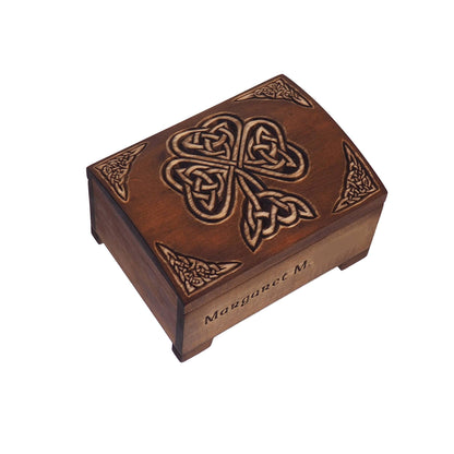 Personalized wooden hand carved jewelry box, Shamrock, keepsake box, jewelry storage, memory box, celtic,  hand carved, gift box, wooden box