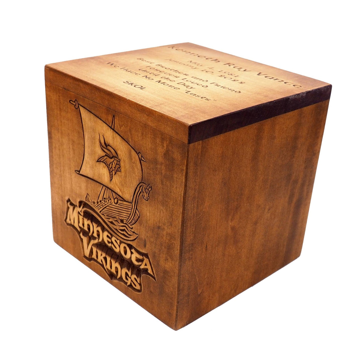 Square Personalized Wood Urn For Human Ashes, Sport fan urn, Wooden Memorial Box, Carved Keepsake Cremation Urns, Cremation Boxes For Burial