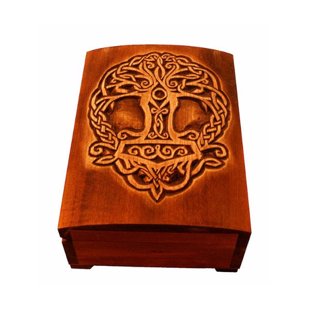 Wooden historical jewelry box with Yggdrasil and Thor hammer