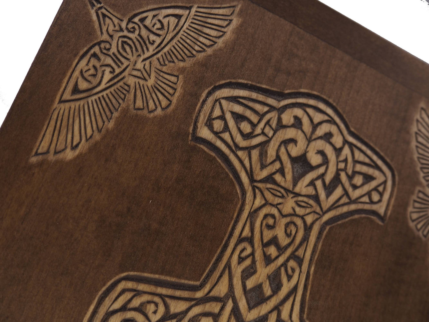 Square Personalized Wood Urn, Thor hammer , For Human Ashes, Wooden Memorial Box, Carved Keepsake Cremation Urns, Medieval Viking style
