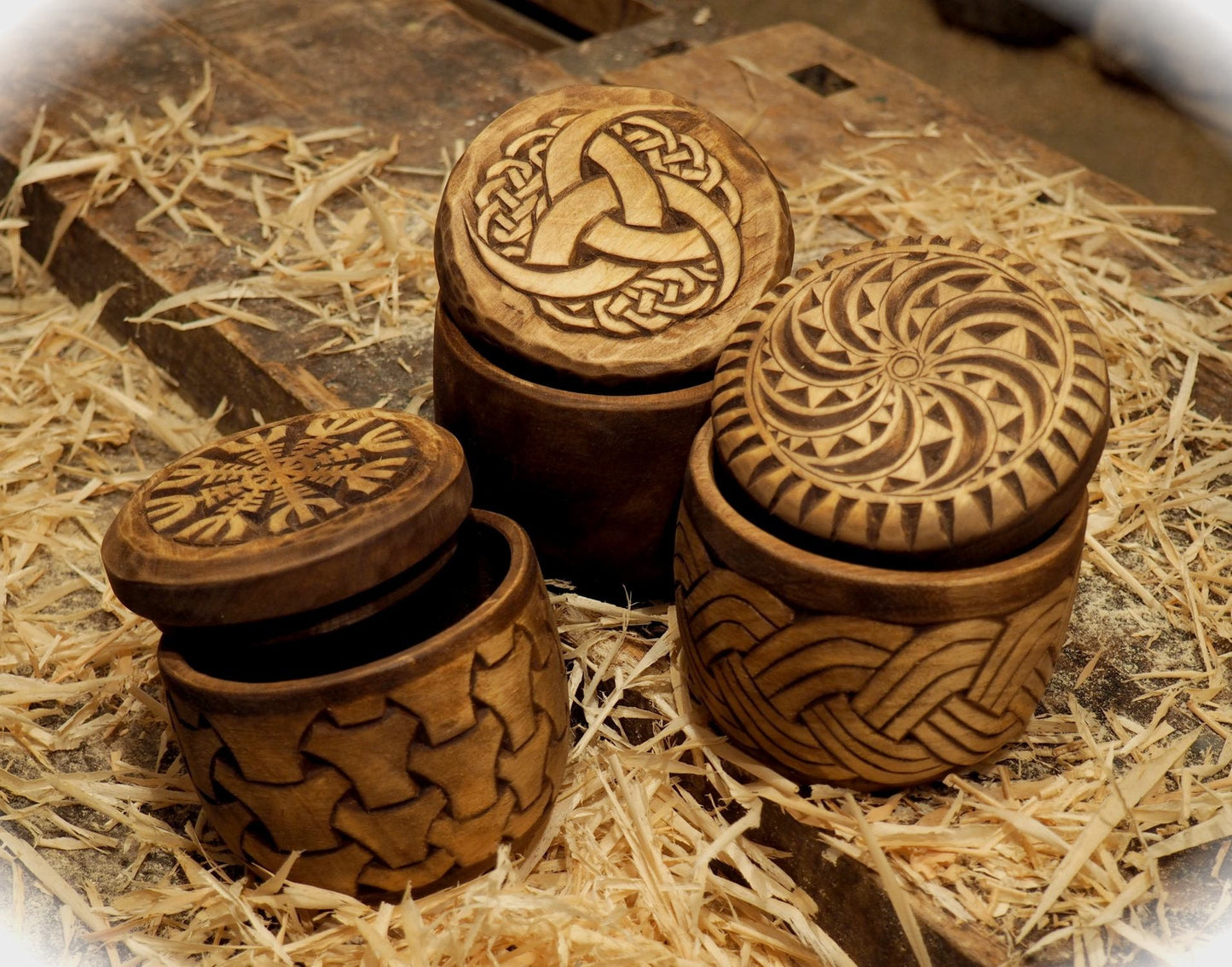 Hand carved round wooden box viking and celtic style