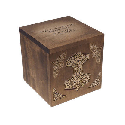 Square Personalized Wood Urn, Thor hammer , For Human Ashes, Wooden Memorial Box, Carved Keepsake Cremation Urns, Medieval Viking style