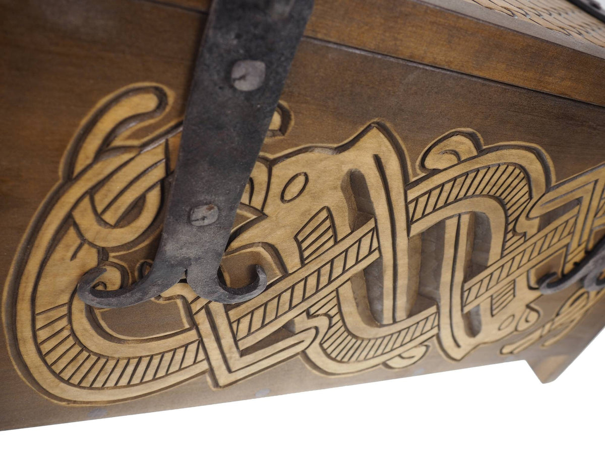 Dragons Personalized Viking Chest, hand carved, Norse pattern box, chest with forged fittings, wedding gift, SCA and Larp, treasure chest