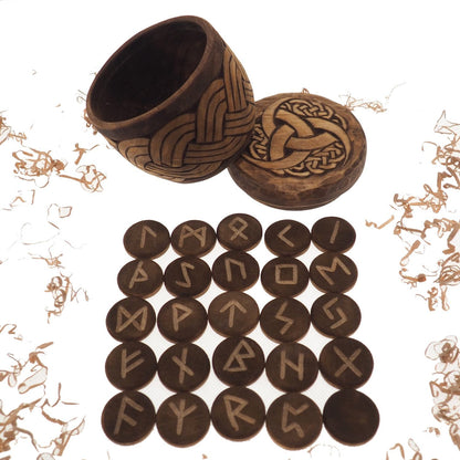 Viking Rune Set in hand carved Box with Odin's Triple Horn Norse Runes Elder Futhark Runes Asatru Runes Divination Runes Runes box viking