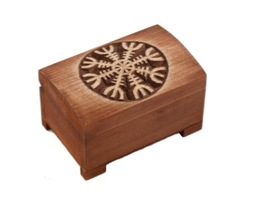 wooden historical jewelry box with hand carved Aegishjalmur pattern