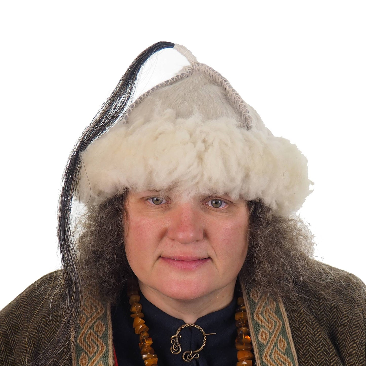 White Historical leather hat with horse tail, hand sewn, larp, medieval, sca, unisex hat, headdress viking, Mongol, Slavic, Viking clothing