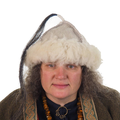 White Historical leather hat with horse tail, hand sewn, larp, medieval, sca, unisex hat, headdress viking, Mongol, Slavic, Viking clothing