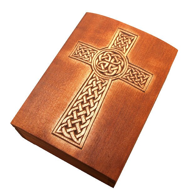 wooden historical jewelry box with "isle of man" celtic cross pattern