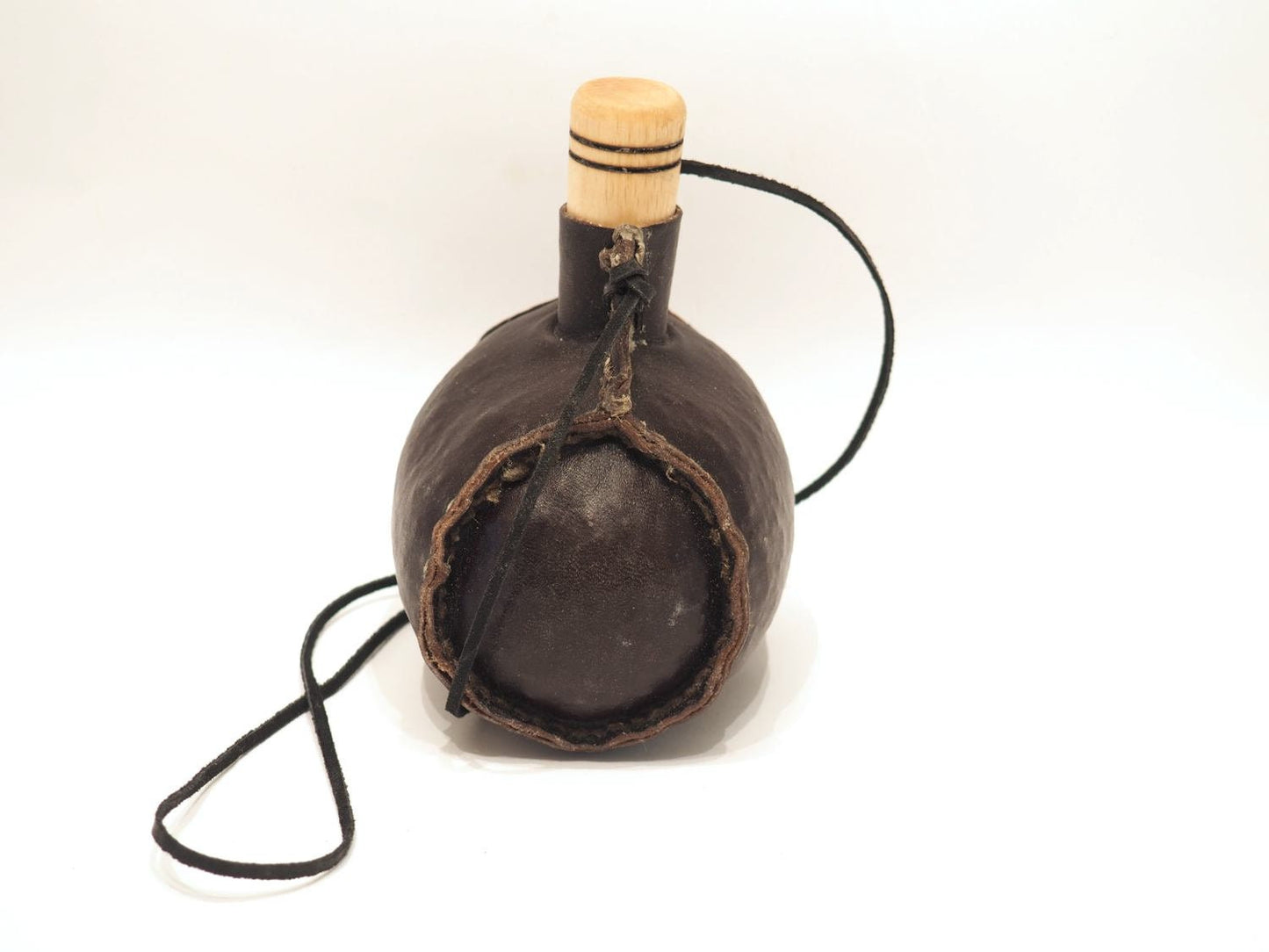 Small hand crafted authentic medieval wine skin with wooden stopper leather flask bladder ALL NATURAL