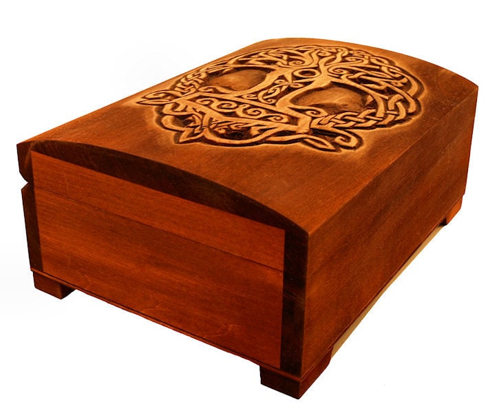 Wooden historical jewelry box with Yggdrasil and Thor hammer