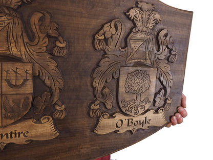 Personalized  Double Family Arms Crest, Hand Carved, Coat of Arms, Custom, Family Shield, Wooden Emblem, Wedding Wood Art, Heraldic