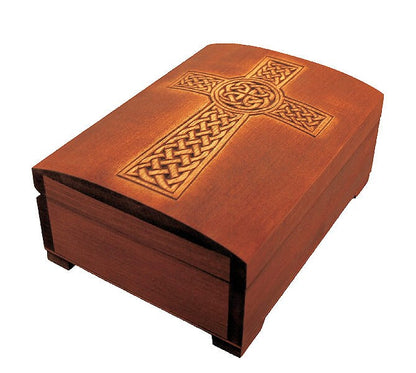 wooden historical jewelry box with "isle of man" celtic cross pattern