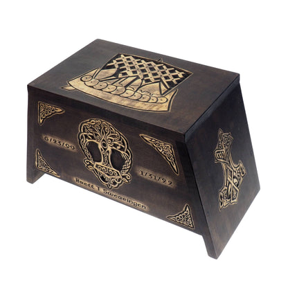Viking Personalized Wood Urn with Yggdrasil, Viking ship, Wooden Memorial Box Carved , Cremation Urns,  Boxes For Burial, Viking, pagan