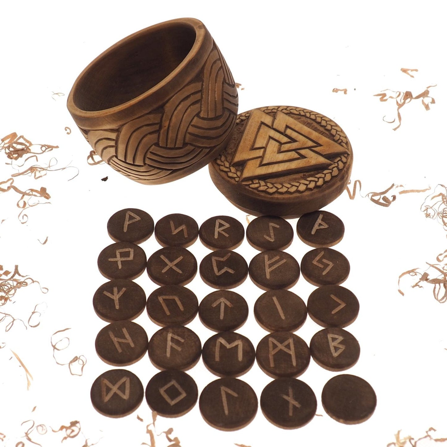 Viking Rune Set in hand carved Box with Valknut Norse Runes Elder Futhark Runes Asatru Runes Divination Runes Runes box viking