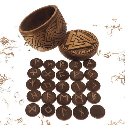 Viking Rune Set in hand carved Box with Valknut Norse Runes Elder Futhark Runes Asatru Runes Divination Runes Runes box viking