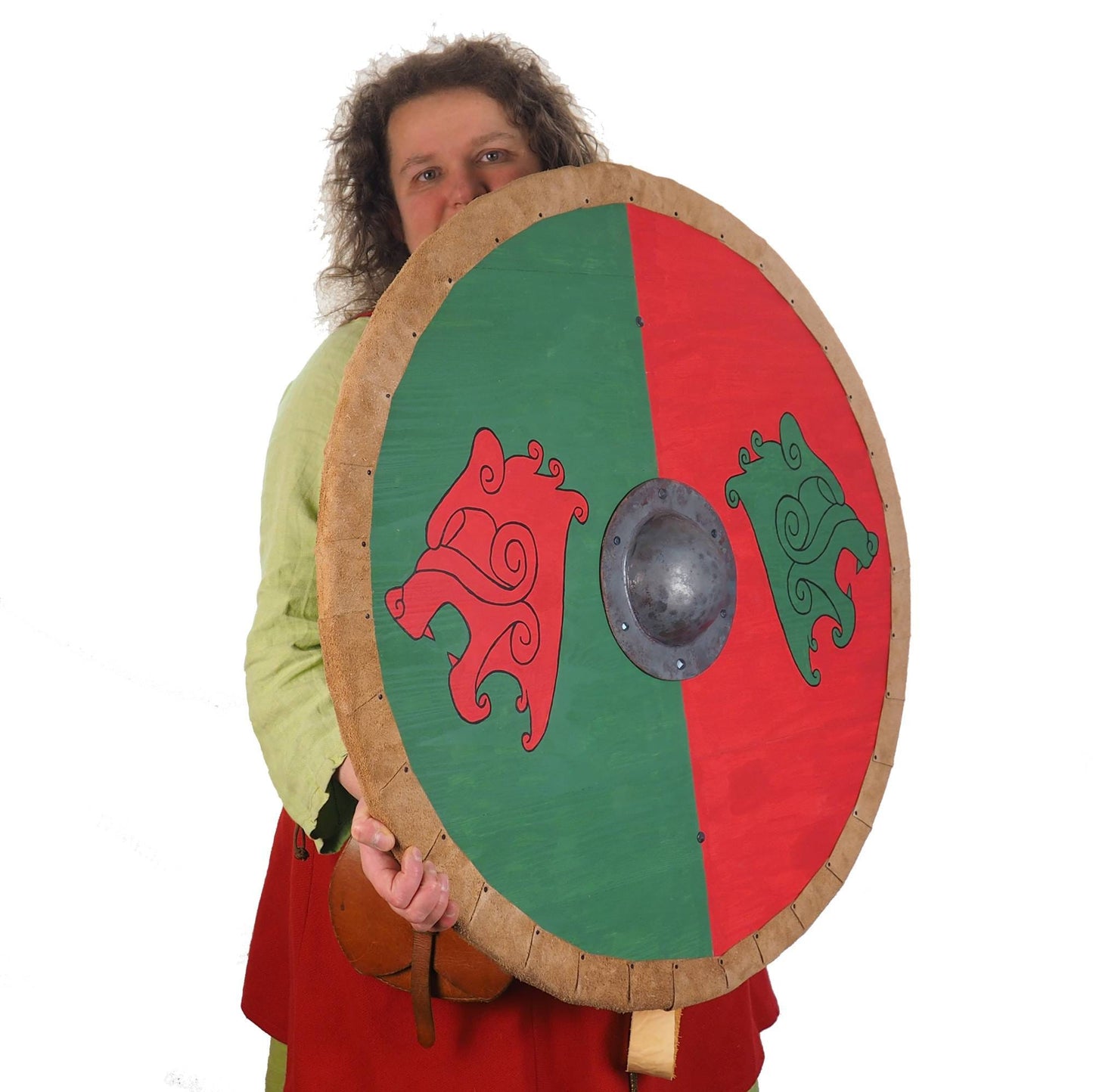 Viking Shield Green Red Bear heads Pattern,Shield with strap,  Norsman shield, Wall decor, Larp and reenactment, SCA ready,