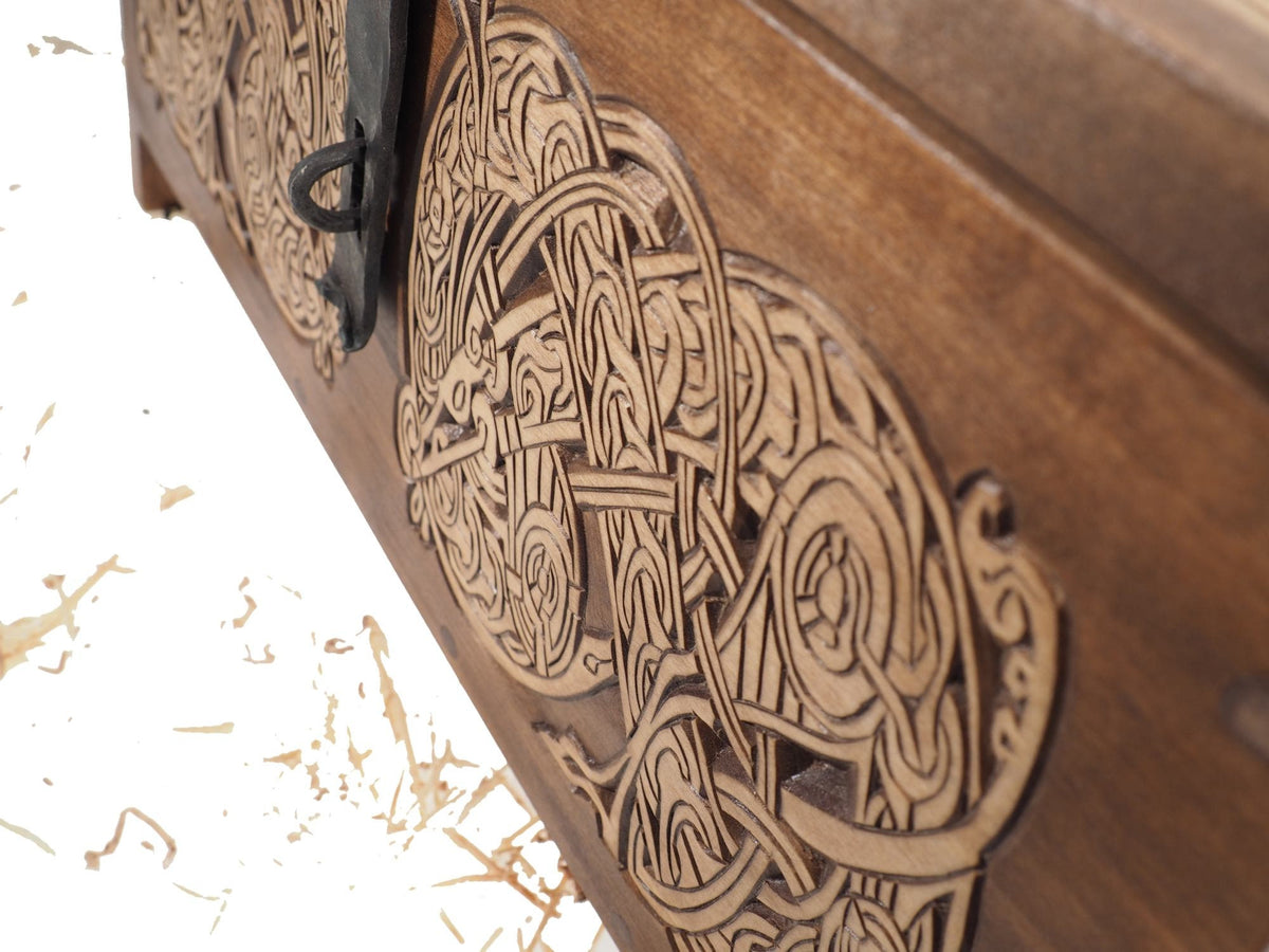 Personalized Viking Chest, hand carved, Norse pattern box, chest with forged fittings, perfect wedding gift, SCA and Larp, treasure chest