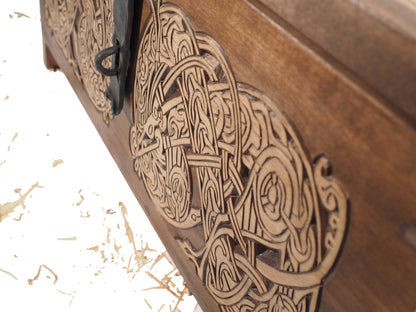Personalized Viking Chest, hand carved, Norse pattern box, chest with forged fittings, perfect wedding gift, SCA and Larp, treasure chest