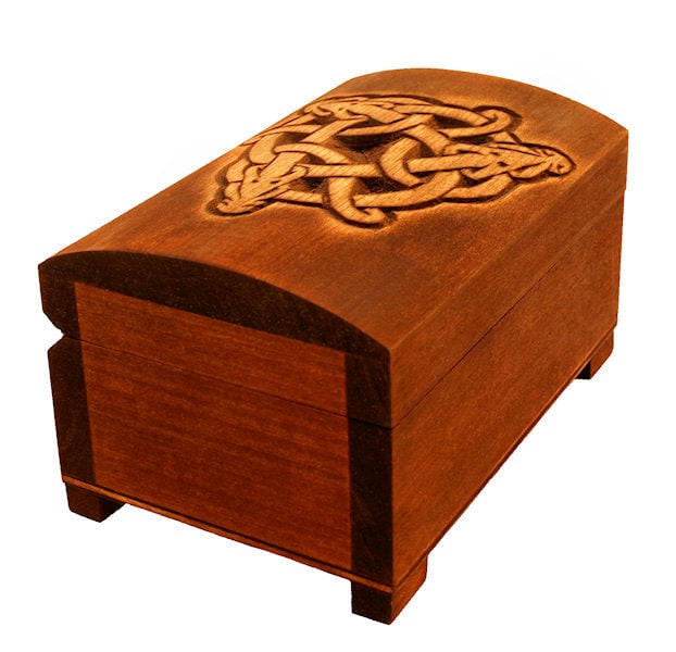Wooden historical jewelry box with hand carved Celtic dragons pattern