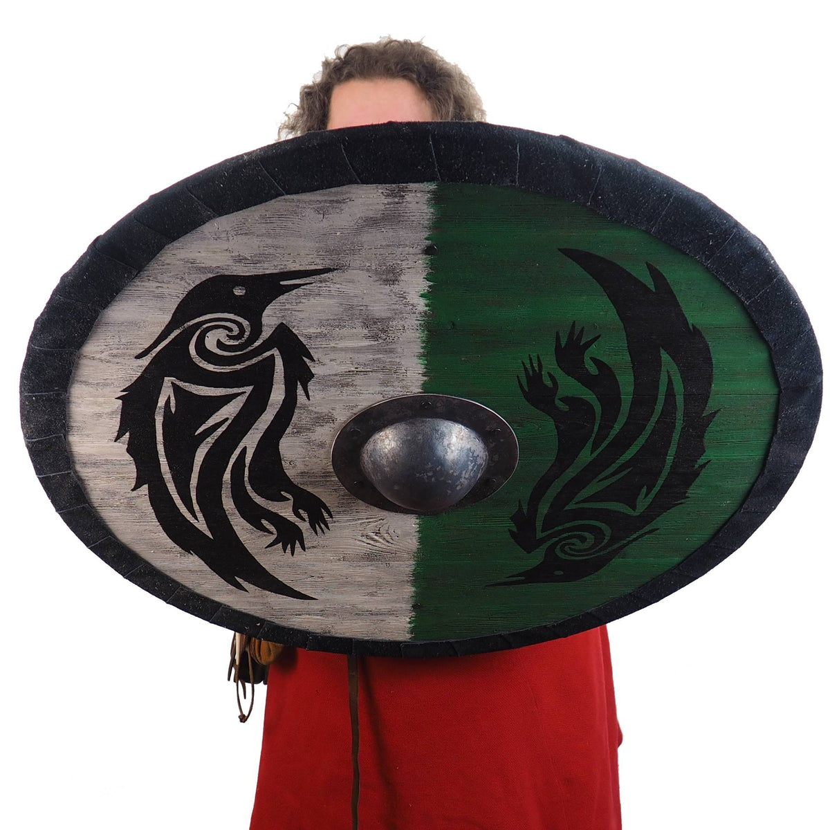 Double Ravens Personalized Viking Shield Green, Norsman shield, Wall decor, Larp and reenactment, SCA ready, black shield, Valhalla pattern