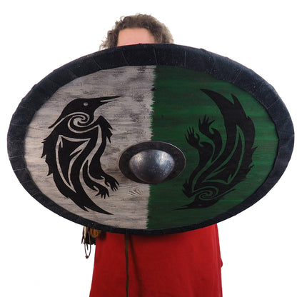 Double Ravens Personalized Viking Shield Green, Norsman shield, Wall decor, Larp and reenactment, SCA ready, black shield, Valhalla pattern
