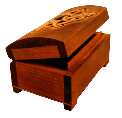 Wooden historical jewelry box with hand carved Celtic dragons pattern