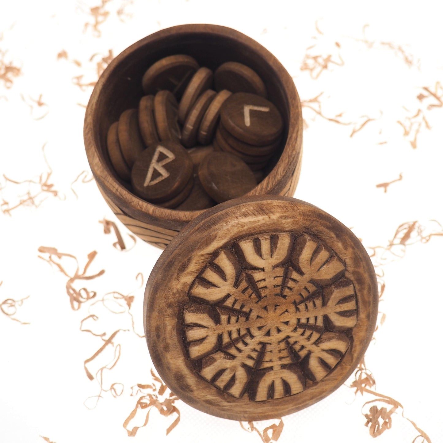Viking Rune Set in hand carved Box with Aegishjalmur Norse Runes Elder Futhark Runes Asatru Runes Divination Runes Runes box viking Celtic