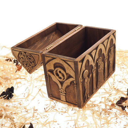 Reliquary box, wooden hand carved jewelry box, keepsake box, jewelry storage