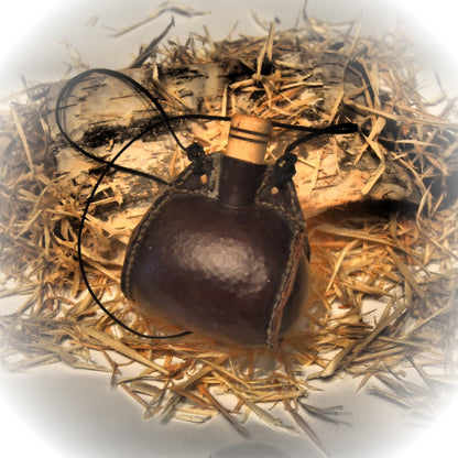 Small hand crafted authentic medieval wine skin with wooden stopper leather flask bladder ALL NATURAL