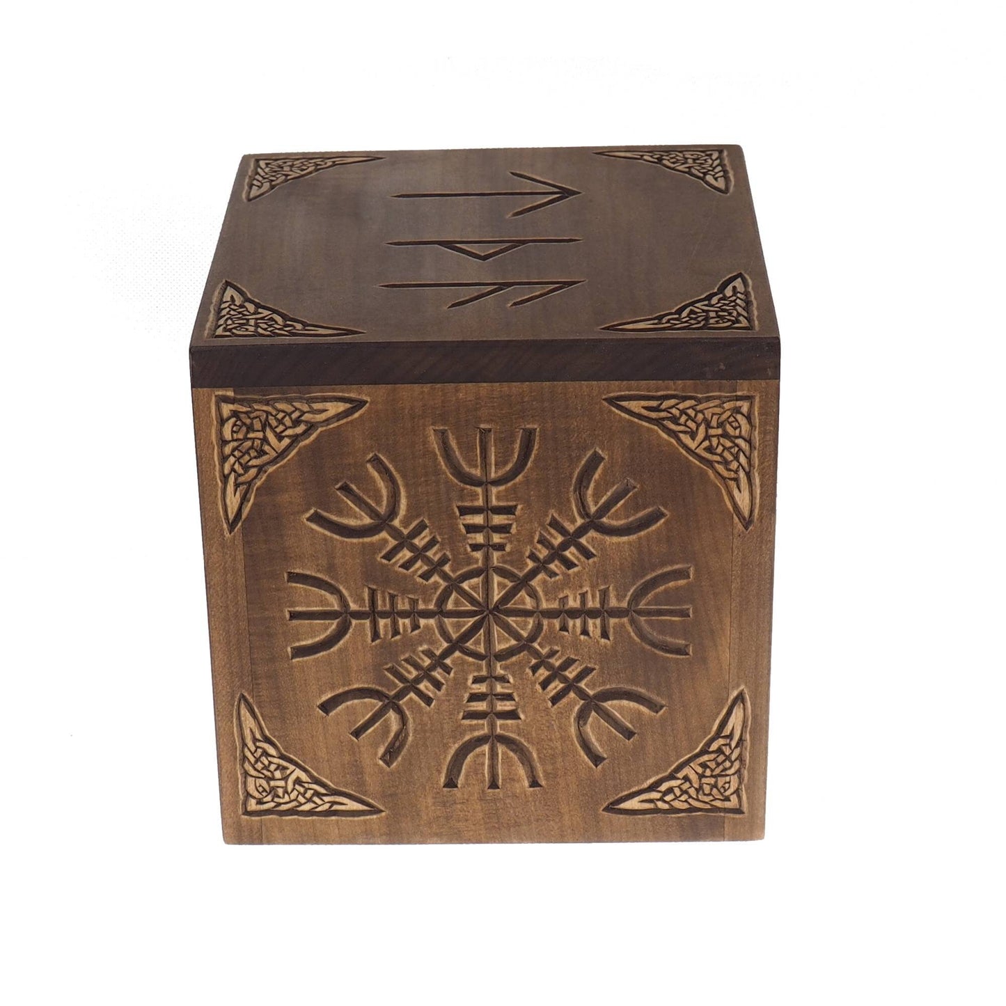 Square Personalized Wood Urn, Aegishjalmur, For Human Ashes, Wooden Memorial Box, Carved Keepsake Cremation Urns, Medieval Viking style
