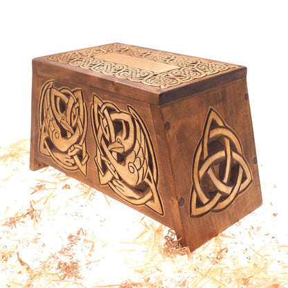 Celtic Wooden Urn For Human Ashes, Wooden Memorial Box, Hand Carved, Keepsake Cremation Urns, Cremation Boxes For Burial, Celtic pagan