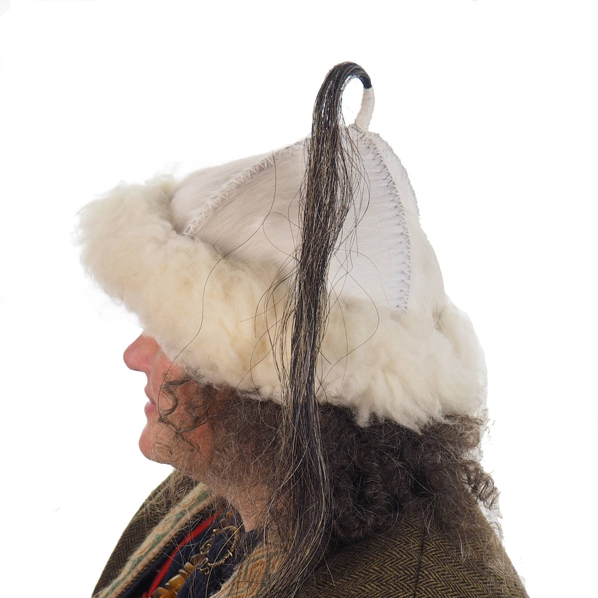 White Historical leather hat with horse tail, hand sewn, larp, medieval, sca, unisex hat, headdress viking, Mongol, Slavic, Viking clothing