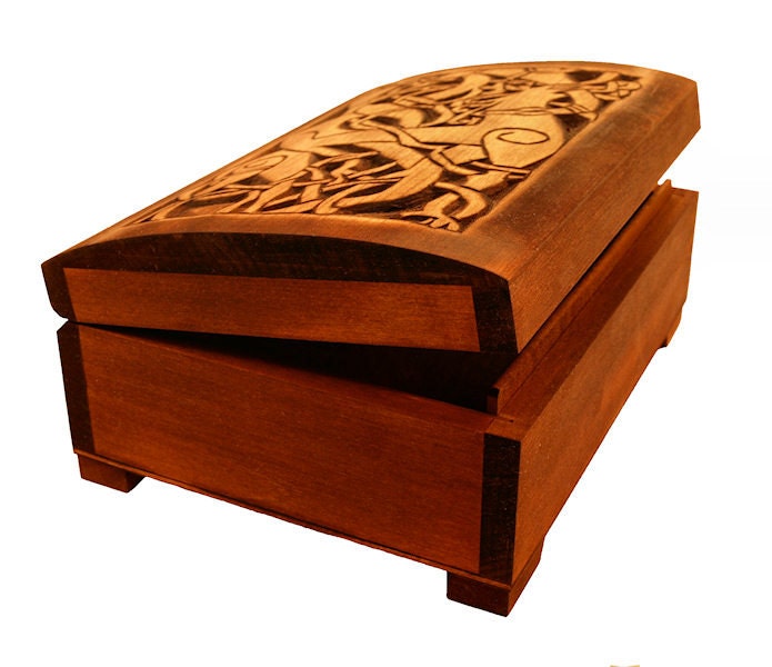 Wooden viking jewelry box with Urnes Deer, historical, Norse pattern, viking gift, memory box, hand carved