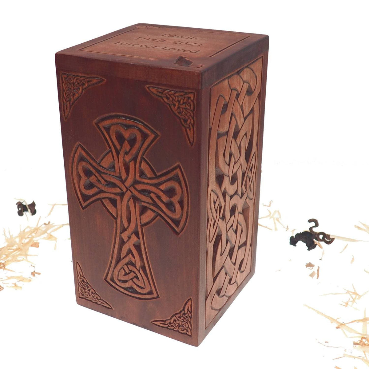 Personalized Wood Urn For Human Ashes, Celtic cross and plait motive, Wooden Memorial Box, Carved Keepsake Cremation Urns, Boxes For Burial