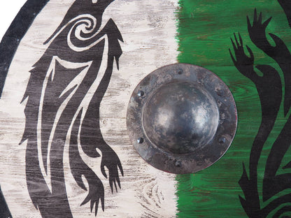 Double Ravens Personalized Viking Shield Green, Norsman shield, Wall decor, Larp and reenactment, SCA ready, black shield, Valhalla pattern