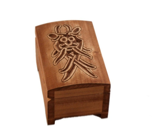 wooden box with hand carved lid - Moesgard Mask