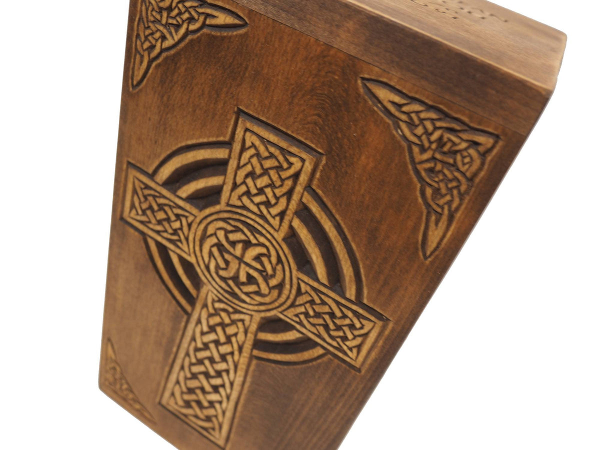Personalized Wood Urn with Celtic Cross, For Human Ashes, Wooden Memorial Box, Carved Keepsake Cremation Urns, Medieval Viking style