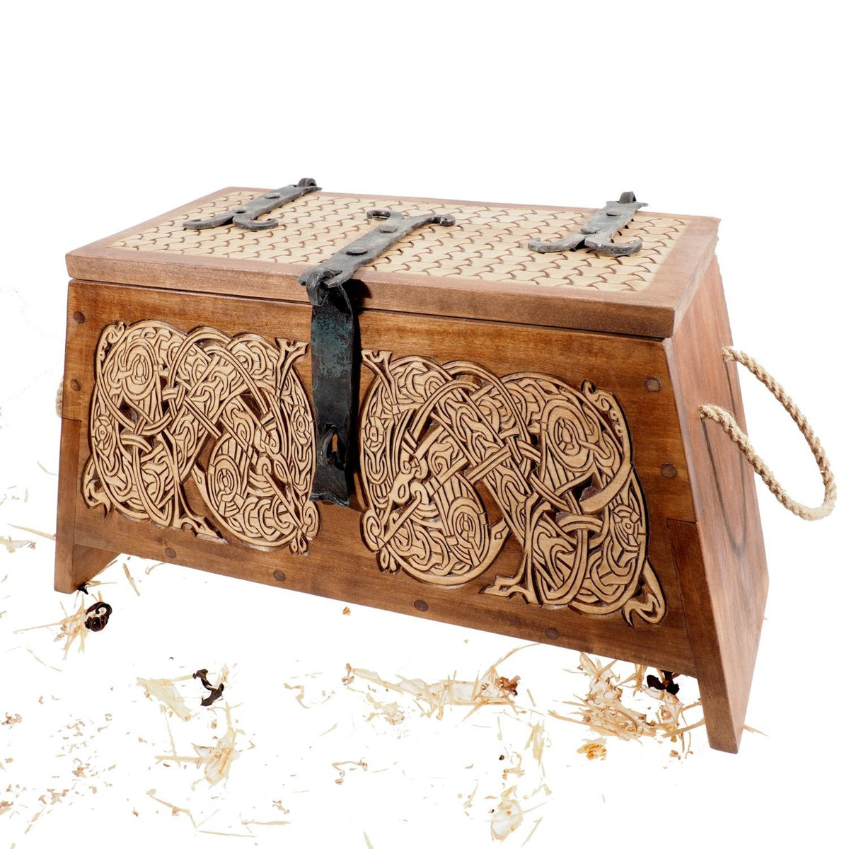 Personalized Viking Chest, hand carved, Norse pattern box, chest with forged fittings, perfect wedding gift, SCA and Larp, treasure chest