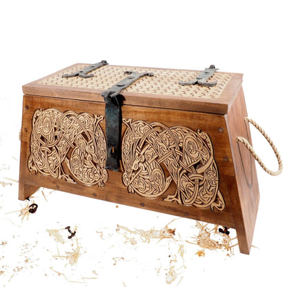 Personalized Viking Chest, hand carved, Norse pattern box, chest with forged fittings, perfect wedding gift, SCA and Larp, treasure chest